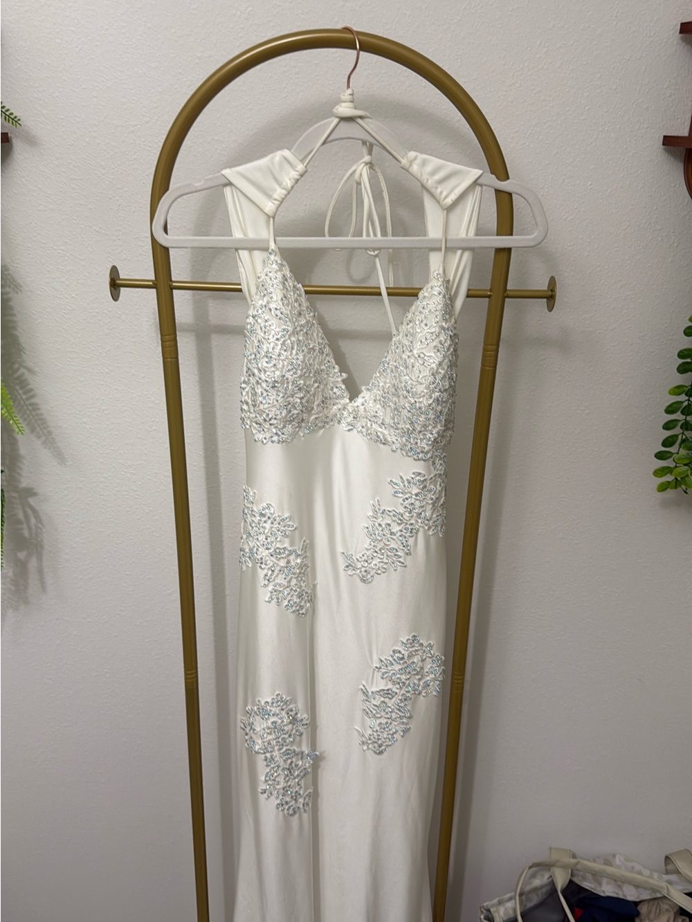 Elegant White Lace-Accented Satin Slip Dress